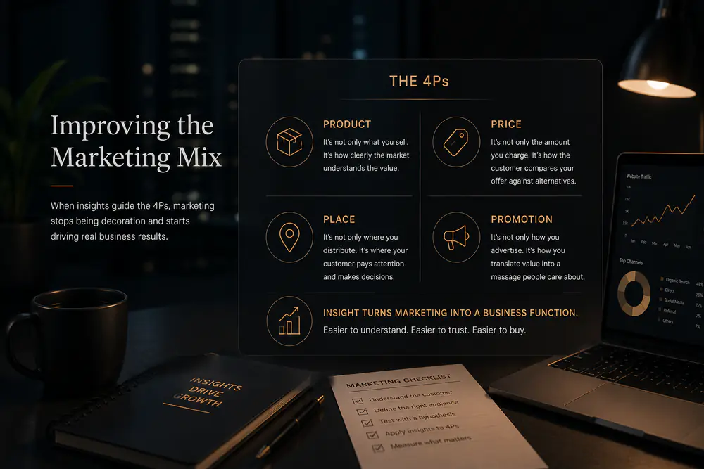 Dark mode infographic explaining the 4Ps of marketing with insight-driven strategy